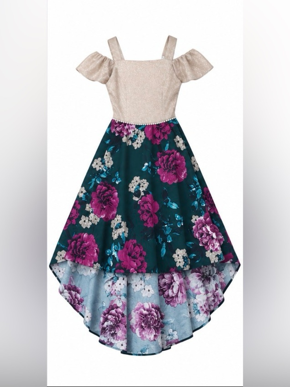 Girls Floral Teal High-Low Dress with Cream Bodice